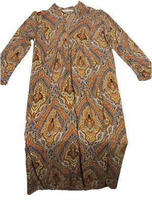 Zara Bohemian Print Ocher Maxi Side Slit Tunic Paisley Dress Usa XS-S