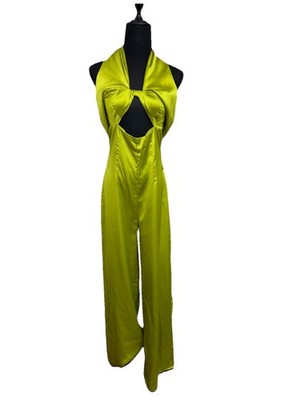 NWT Zara Green Satin Cutout Bow Wide Leg Jumpsuit Size Small