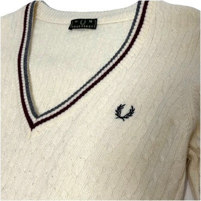 Vtg. Fred Perry Cable Knit Striped V-Neck Sweater Jumper Women�S Free Shipping