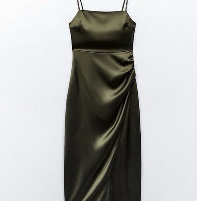 Zara Women's Satin Effect Beaded Slip Midi Dress Small Green Khaki Nwot
