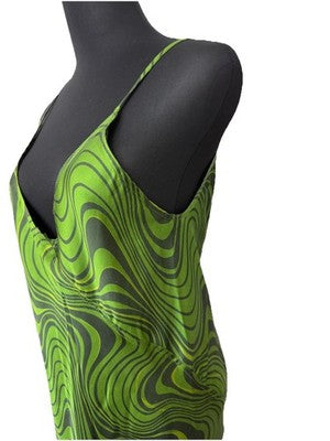 Zara Women's Green Slip Midi Dress V-Neck Strappy Psychedelic Swirl Size Small