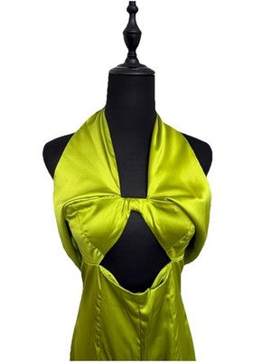 NWT Zara Green Satin Cutout Bow Wide Leg Jumpsuit Size Small