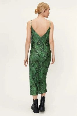 Zara Women's Green Slip Midi Dress V-Neck Strappy Psychedelic Swirl Size Small