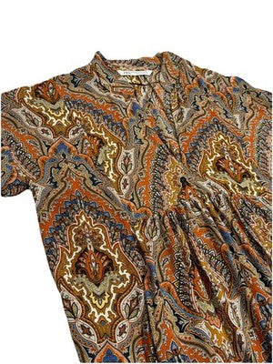 Zara Bohemian Print Ocher Maxi Side Slit Dress Usa XS-S