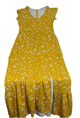 Even&Odd Women'S Yellow-Floral Open Slit Dress Size M Sundress Beach