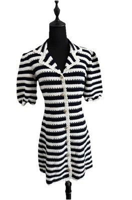 Maje Crochet Rosette Navy Blue Striped V-Neck Short Sleeve Shirt Dress Size 36