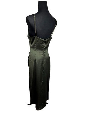 Zara Women's Satin Effect Beaded Slip Midi Dress Small Green Khaki Nwot