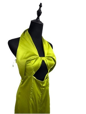 NWT Zara Green Satin Cutout Bow Wide Leg Jumpsuit Size Small