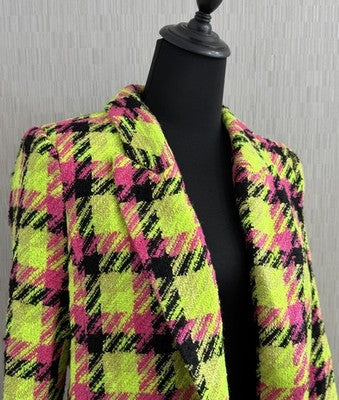 River Island Neon Lime Pink Black Check Boucle Blazer Ladies Size Uk 12 Us 8