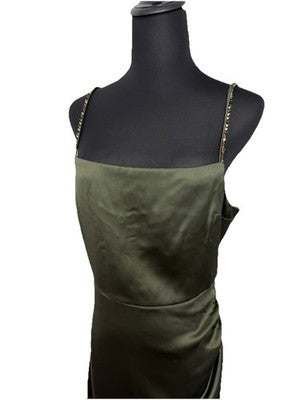 Zara Women's Satin Effect Beaded Slip Midi Dress Small Green Khaki Nwot