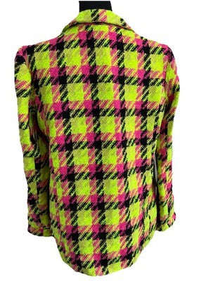 River Island Neon Lime Pink Black Check Boucle Blazer Ladies Size Uk 12 Us 8