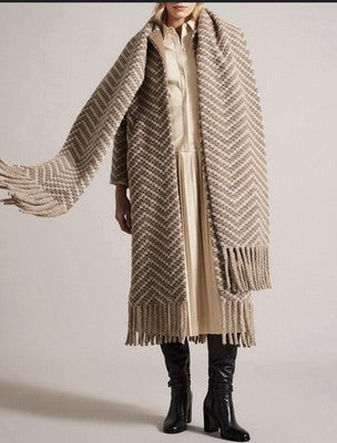 NWT Ted Baker Beige & Cream Twill Knit Scarf Coat New Size 2 Uk 10