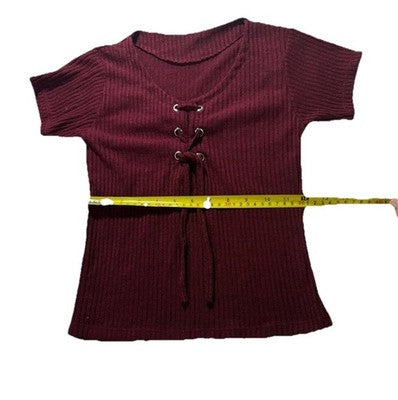 Women's Burgundy Ribbed Short Sleeve Top Lace Up Front Knit Tee | S