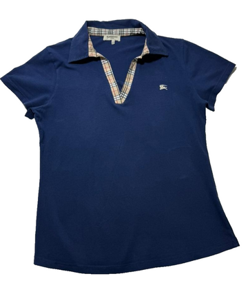 Burberry Blue Plaid Trim Polo Shirt Women's Size 3Xl