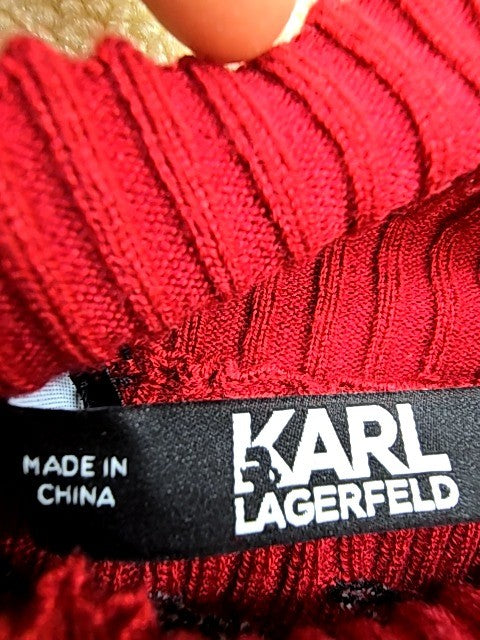 Karl Lagerfeld Red Midi Mock Neck Dress L Rib Knit Cut Out Logo