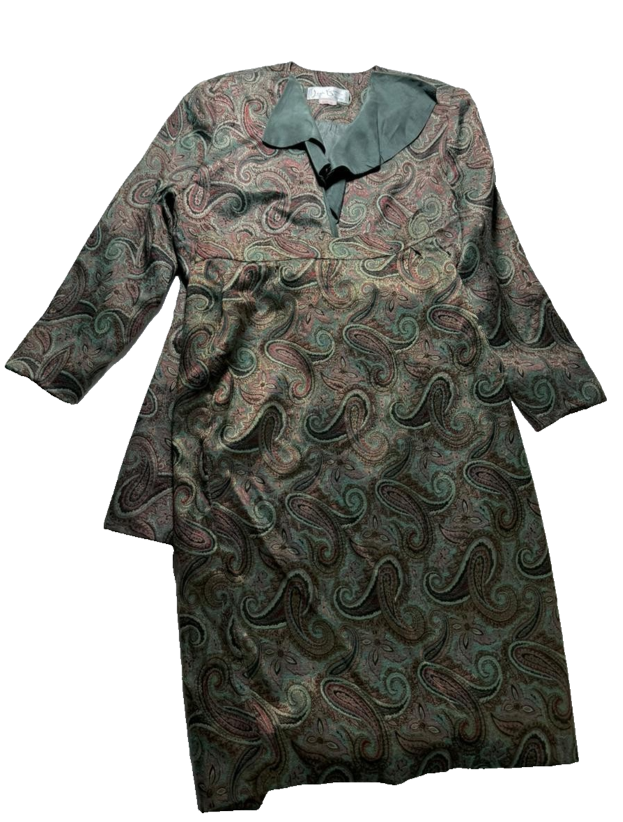 Vintage Paisley Printed Set Top And Skirt Green Brown Retro Women's Size 12