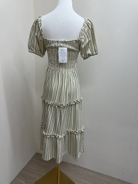 Ole by Koton XS Green Stripe Midi Dress Cotton Ruffle Short Sleeve
