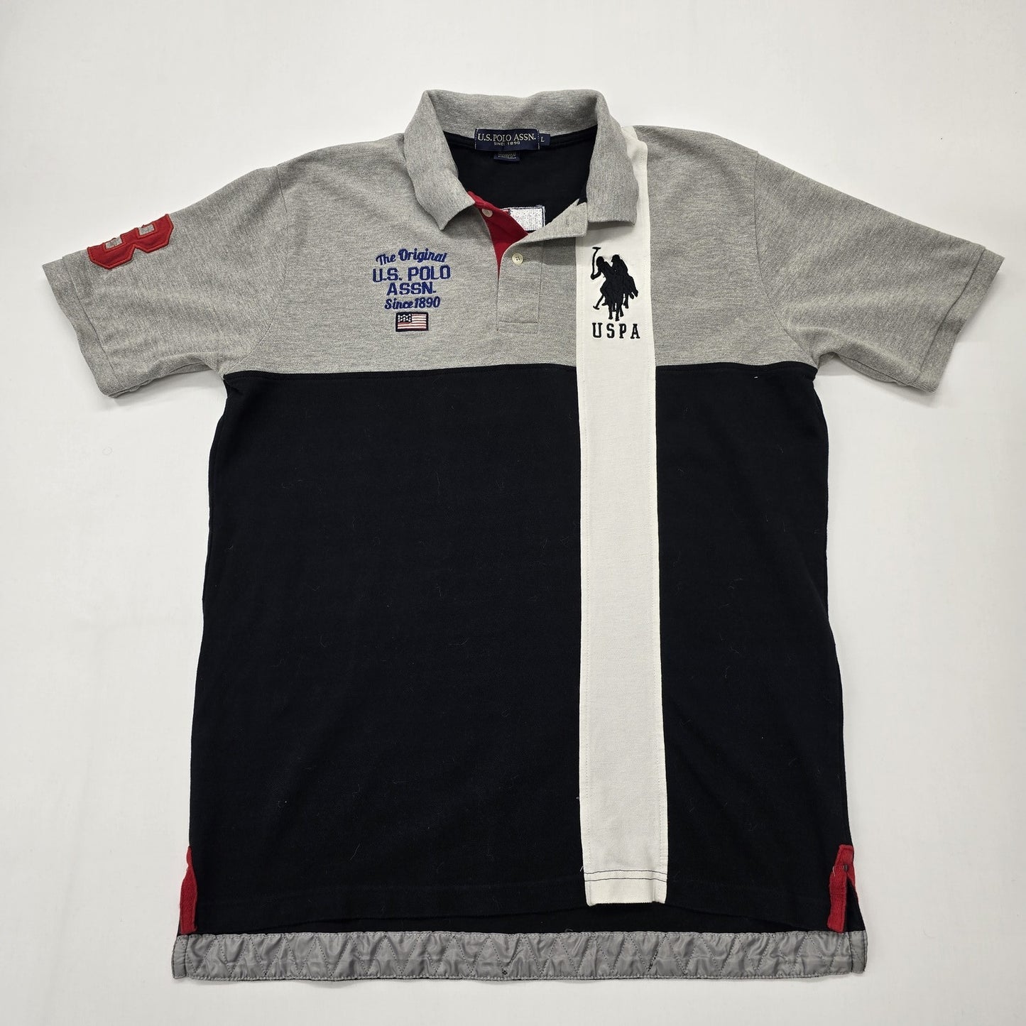 U.S. Polo Assn Boys Black Colorblock Polo Shirt L Cotton Breathable Pockets