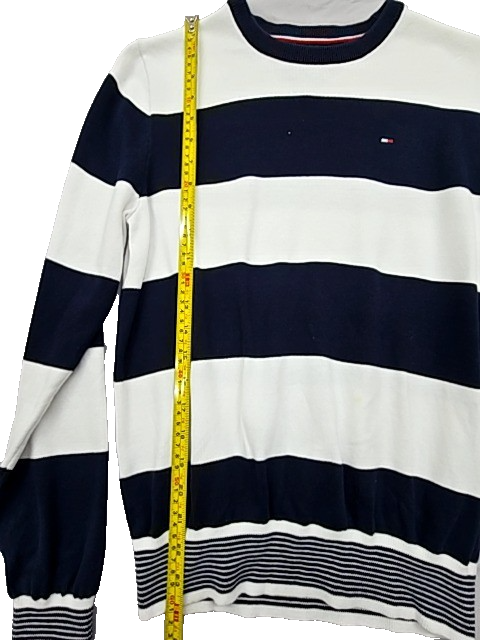 Tommy Hilfiger Unisex Navy Blue White Striped Cotton Crew Sweater XSP