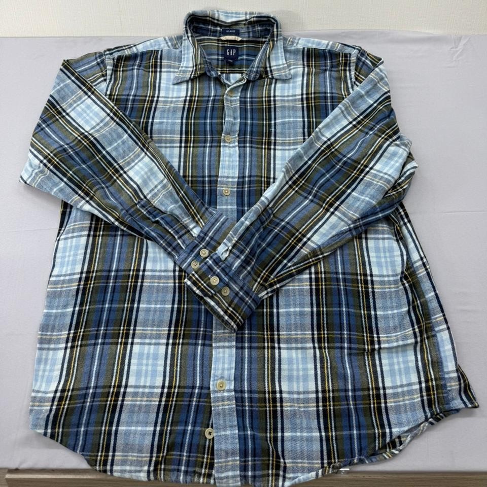 Gap Men's Blue Multi Plaid Flannel Button-Down Shirt XXL Relaxed Fit