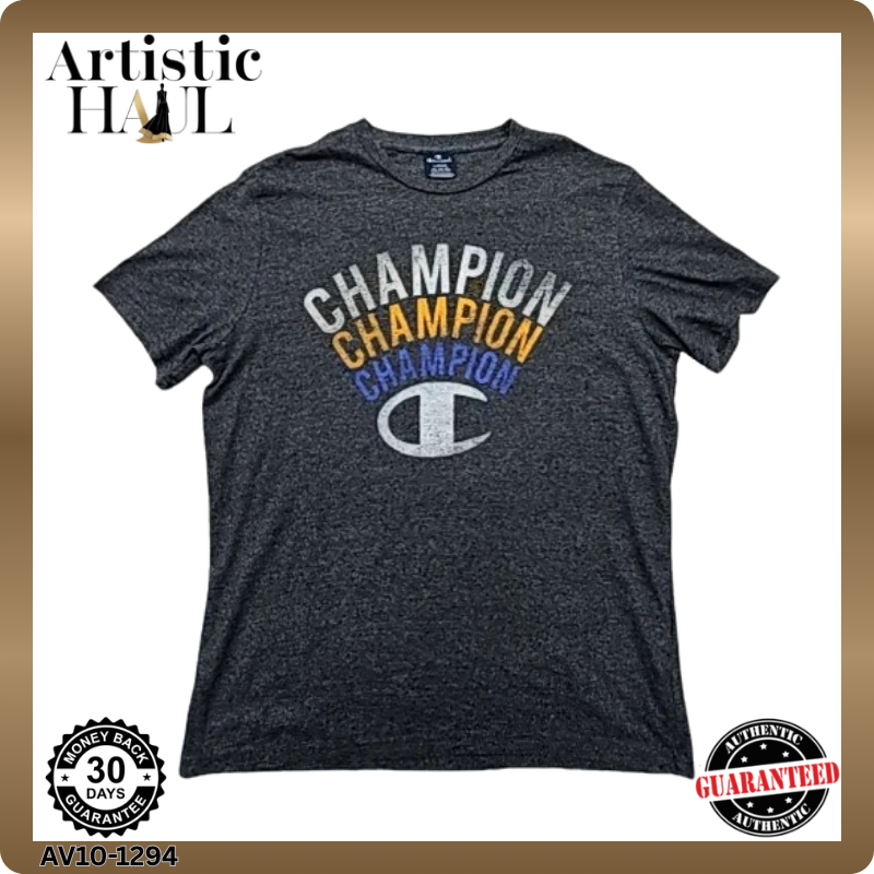 Champion Gray Graphic Print Crewneck T-Shirt Large C Logo
