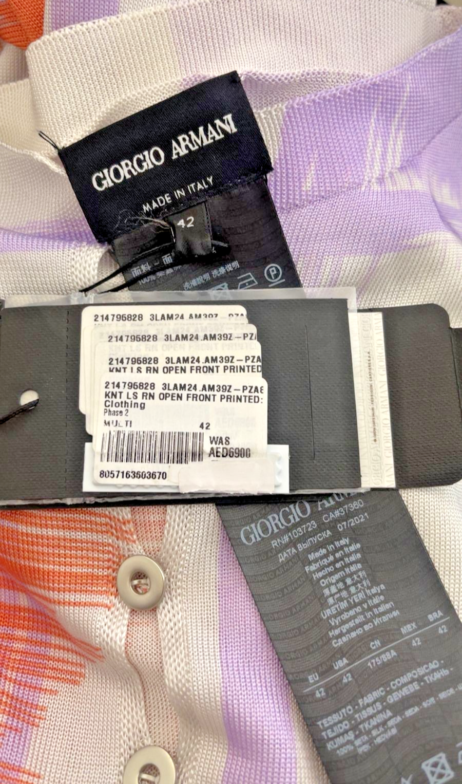 BNWT Giorgio Armani Orange Purple Grid Print Jersey Button V-Neck - Size 42