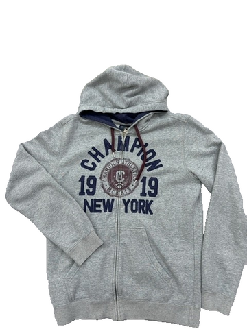 Champion New York Zip Hoodie Gray M Fleece Graphic Print