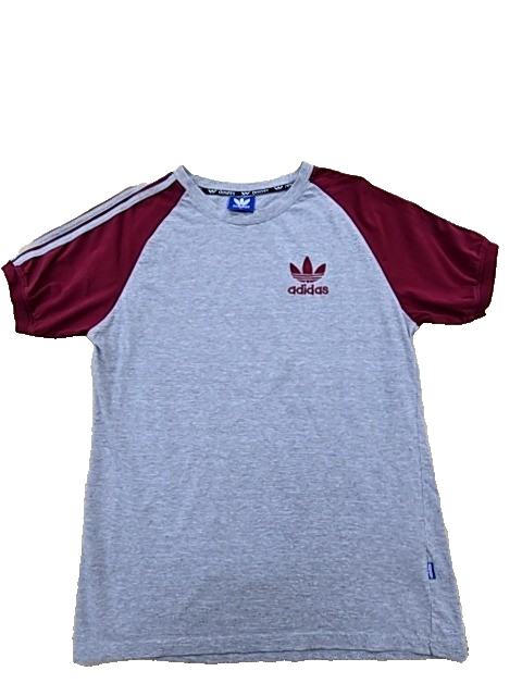 Adidas Grey Raglan Cotton T-Shirt L Short Sleeve Stripes