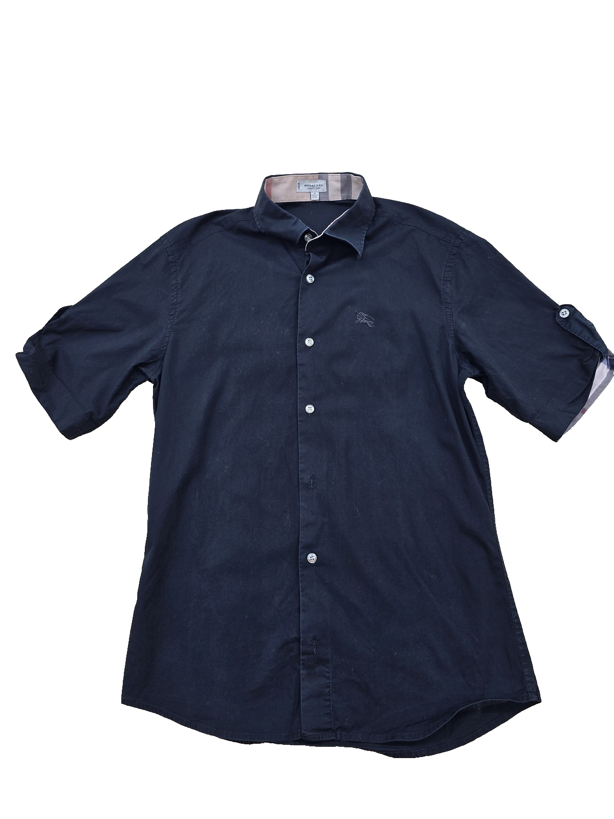 Burberry Slim Fit Navy Short Sleeve Cotton Shirt S Check GB