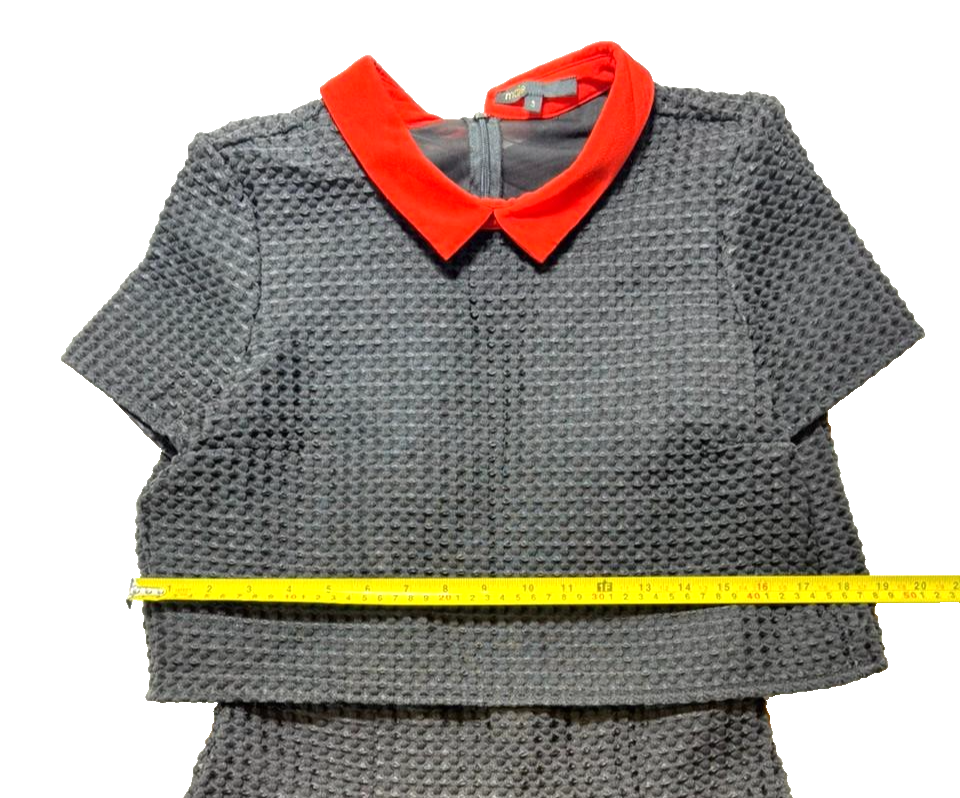 Maje Black Textured Knit Dress With Red Collar Short Sleeve Fit & Flare - Size 3