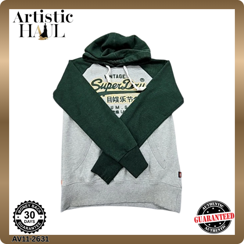 Superdry Men's Green Vintage Logo Hoodie Size L Relaxed Fit