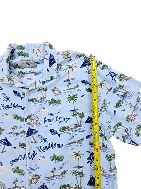 Grand & Hills Men's Blue Palm Trees Hawaiian Shirt Size L Short Sleeve