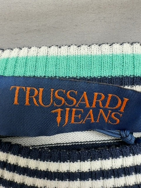 Trussardi Jeans Men's Navy White Striped Crewneck Cotton Sweater L Italy