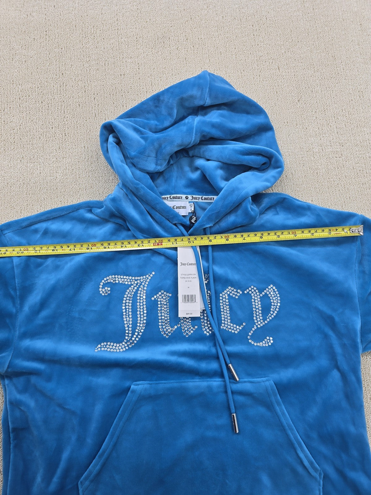Juicy Couture Icons Velour Pullover Hoodie M Regal Blue Y2K Rhinestone