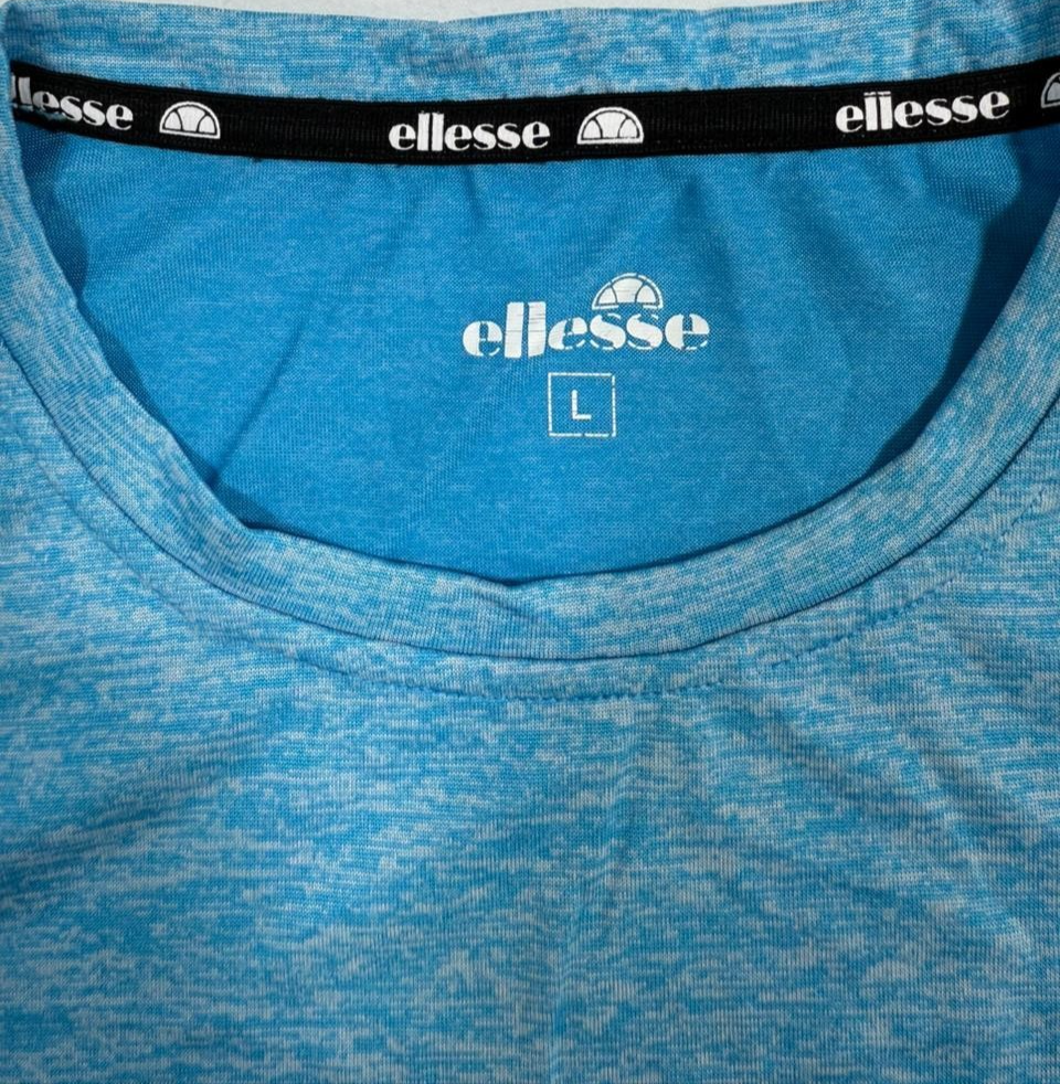 Ellesse Men's Light Blue Speckle Athletic T-Shirt Logo Crew Neck Size L