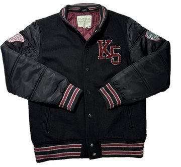 Kaporal K5 Varsity Bomber Jacket Black Men's Size 14 Patch Logo Puff Sleeves
