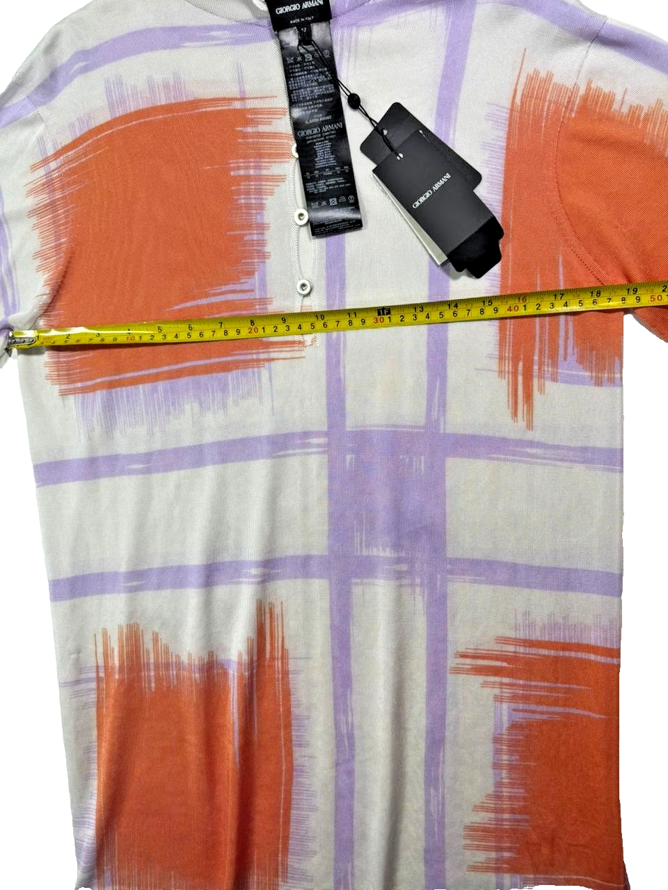 BNWT Giorgio Armani Orange Purple Grid Print Jersey Button V-Neck - Size 42