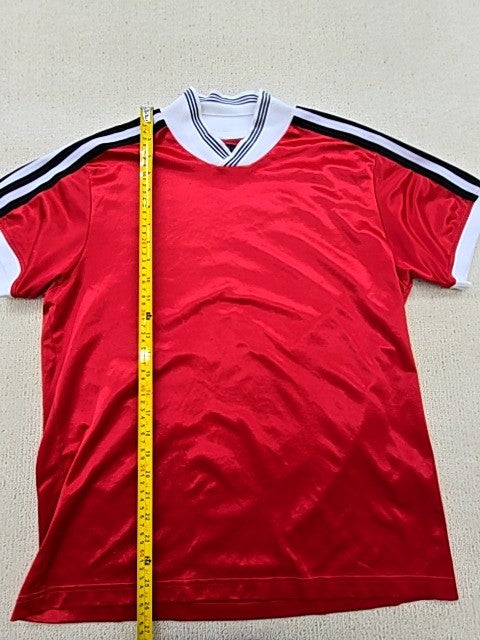 Adidas Red Striped Soccer Jersey L Short Sleeve V-Neck Polyester