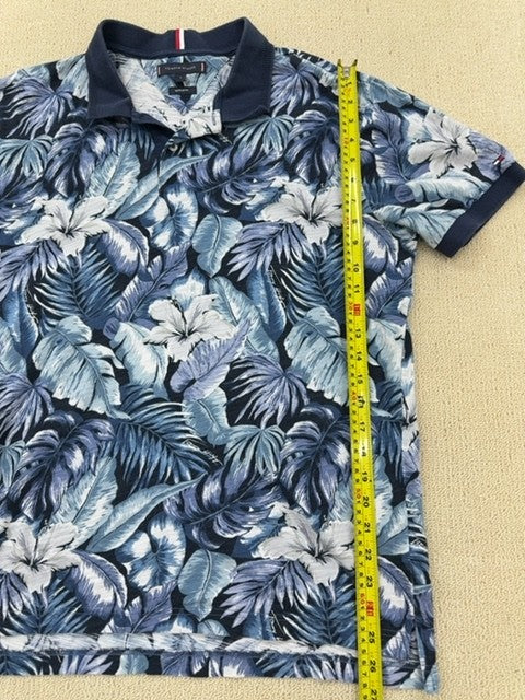 Tommy Hilfiger Men's Blue Palm Leaf Polo L Short Sleeve Cotton