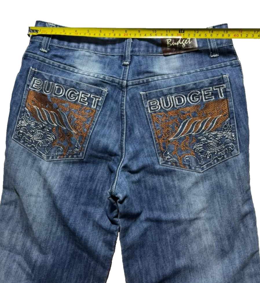 Budget Men's Faded Denim Jeans - Embroidered Back Pockets, Straight Leg, Size 36