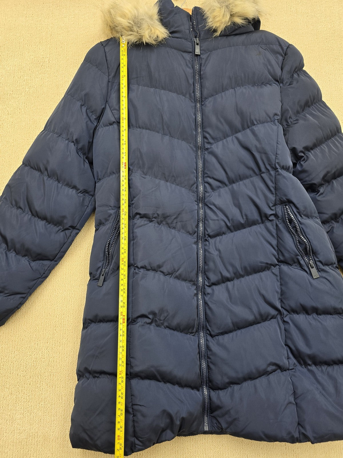 French Connection Women's Navy Puffer Jacket L Longline Faux Fur Hood