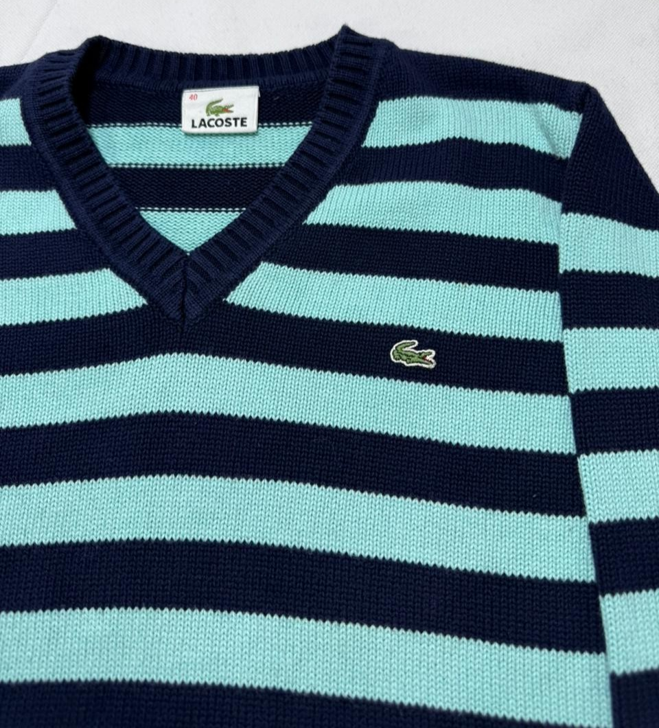 Lacoste V-Neck Sweater Striped Stripes Long Sleeve - Size 40