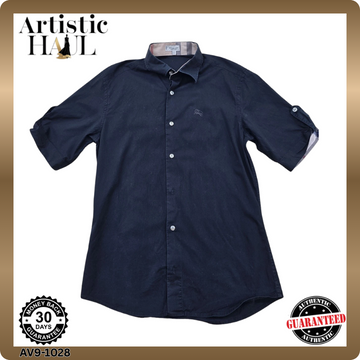 Burberry Slim Fit Navy Short Sleeve Cotton Shirt S Check GB