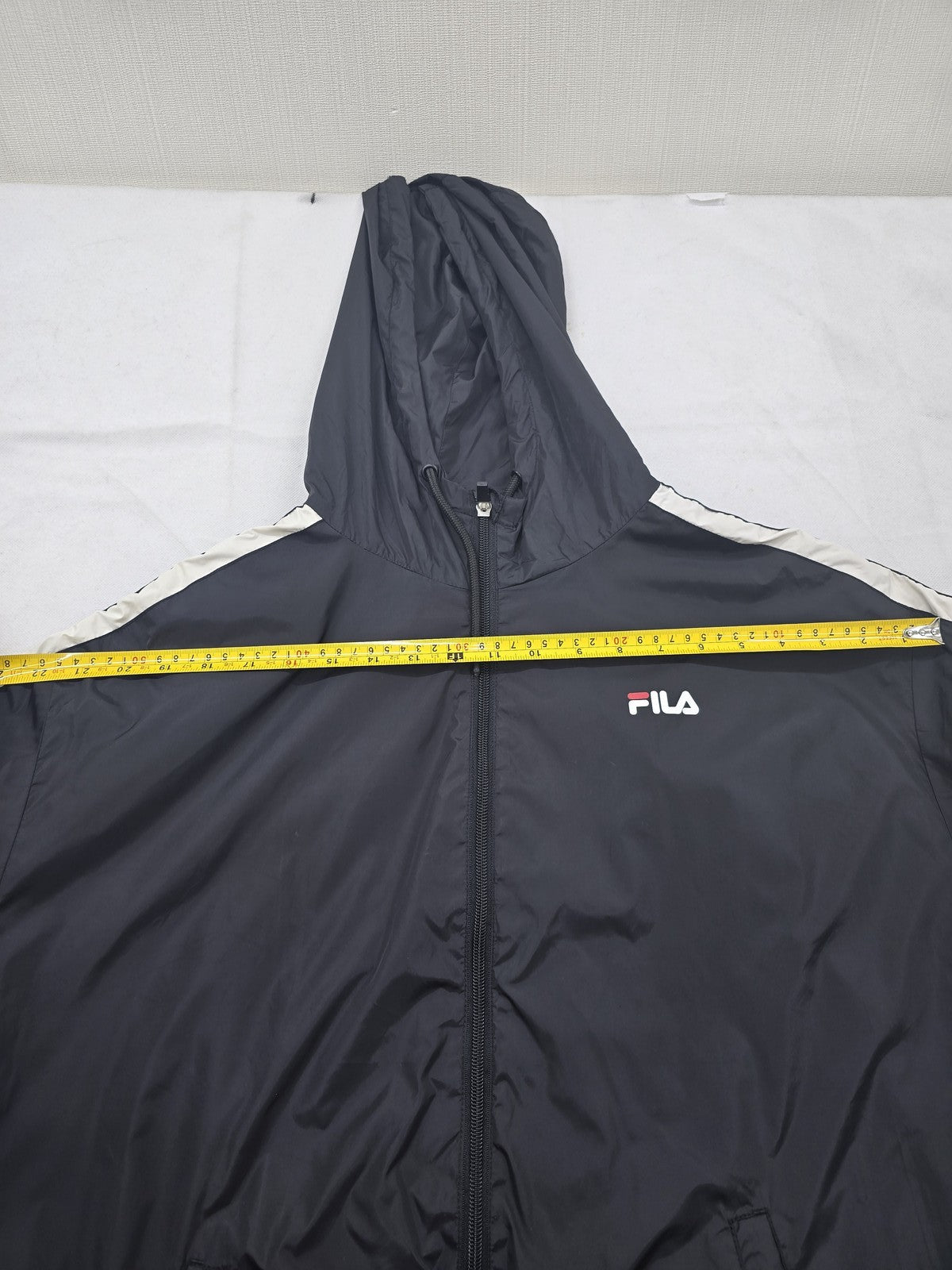 Fila Men's XL Black Hooded Rain Windbreaker White Stripes Zip Pockets