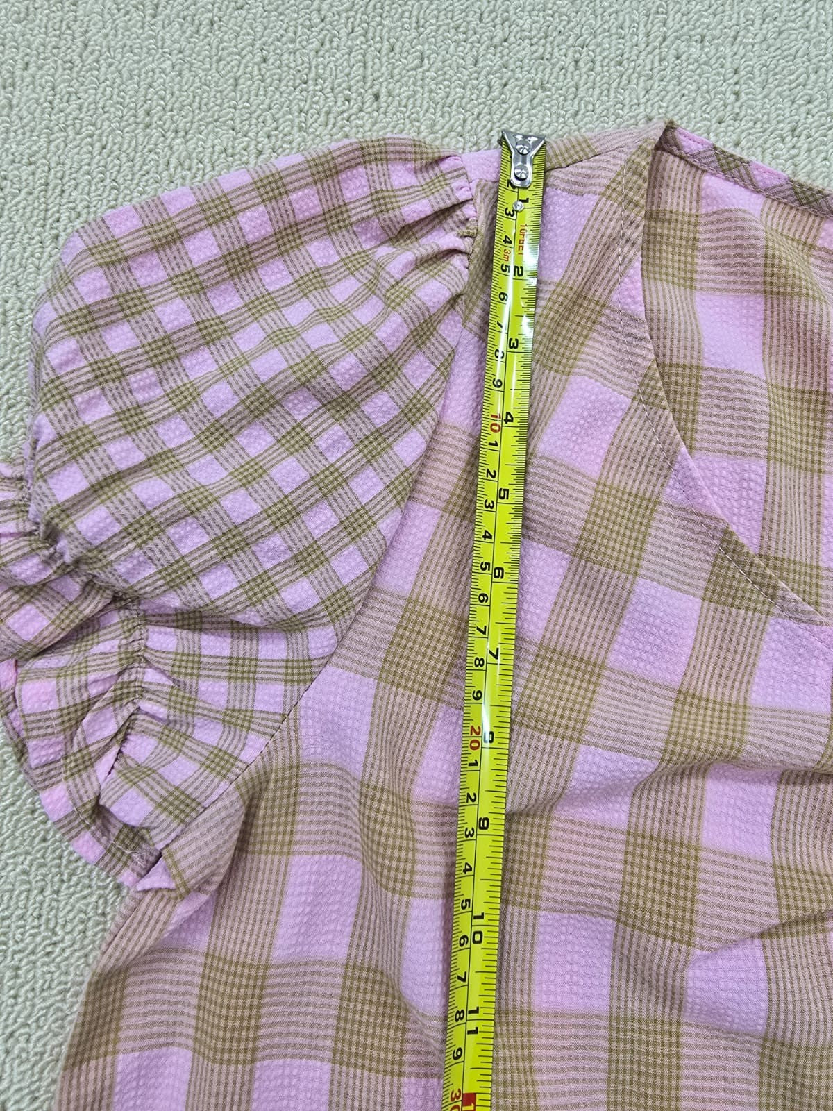 Vila Pink Beige Gingham Maxi Dress Short Puff Sleeve Round Neck M