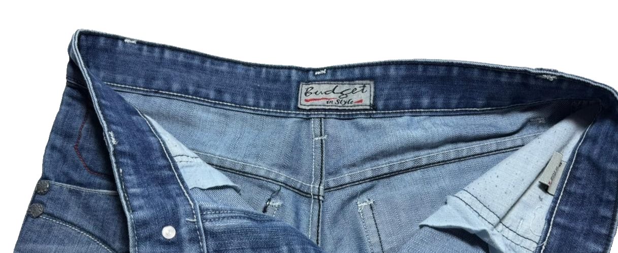 Budget Men's Faded Denim Jeans - Embroidered Back Pockets, Straight Leg, Size 36