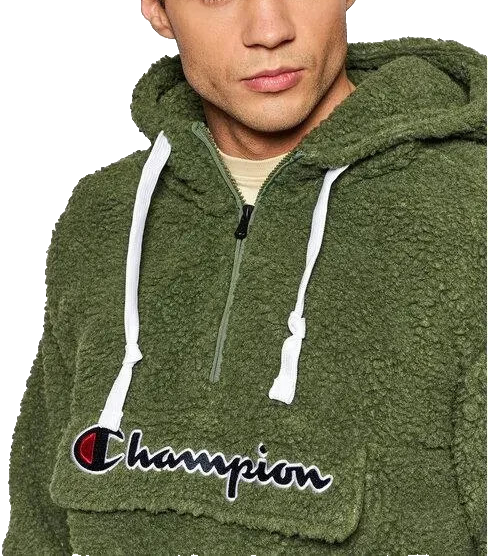 Champion Men�S Sherpa Fleece Hoodie Green Logo Pullover Size M