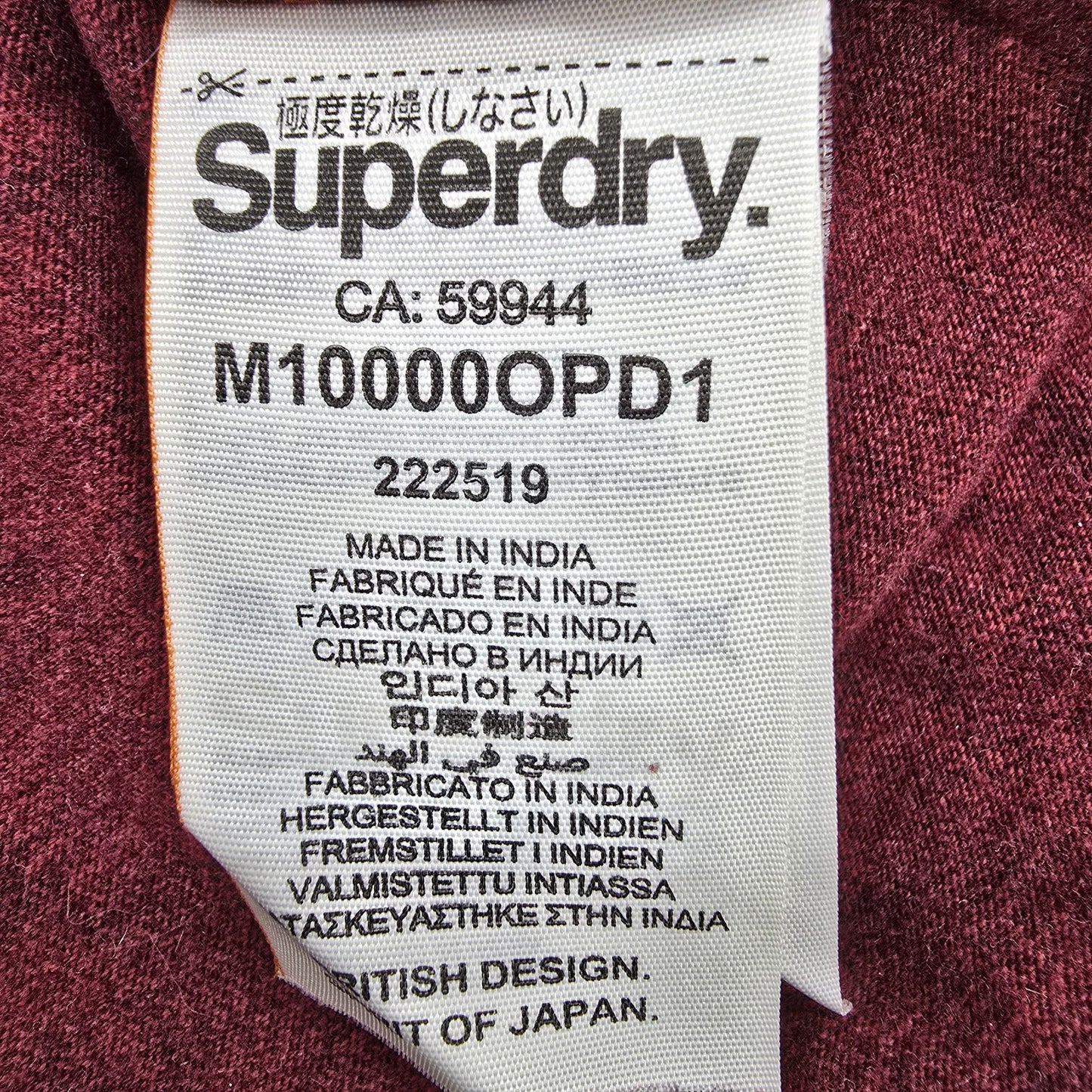 Superdry Men's Burgundy T-Shirt L Crew Neck Short Sleeve Vintage Logo