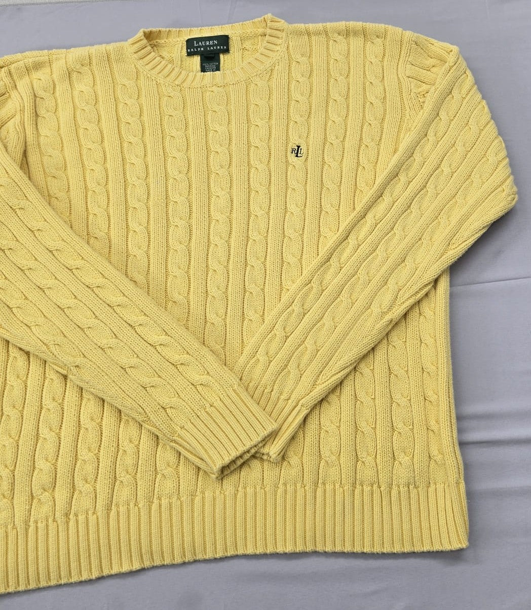 RALPH LAUREN Green label Cable Knit Crewneck Sweater Yellow L Cotton Long Sleeve