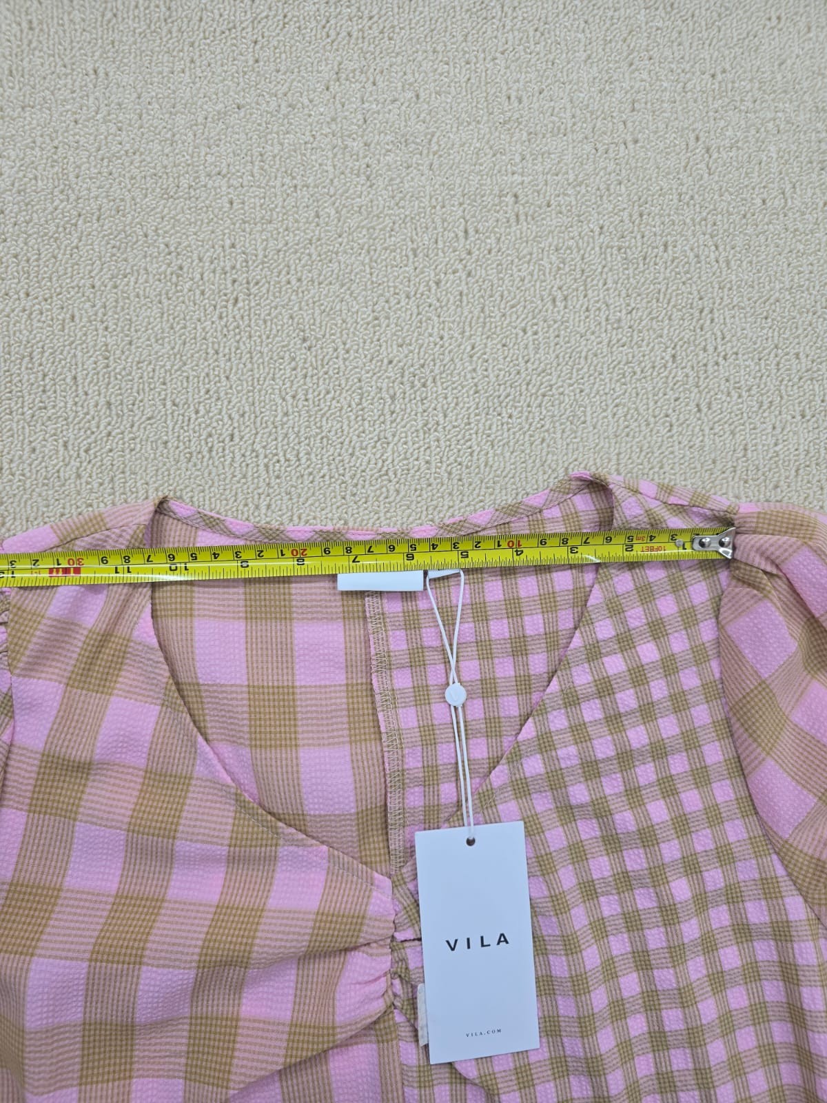 Vila Pink Beige Gingham Maxi Dress Short Puff Sleeve Round Neck M